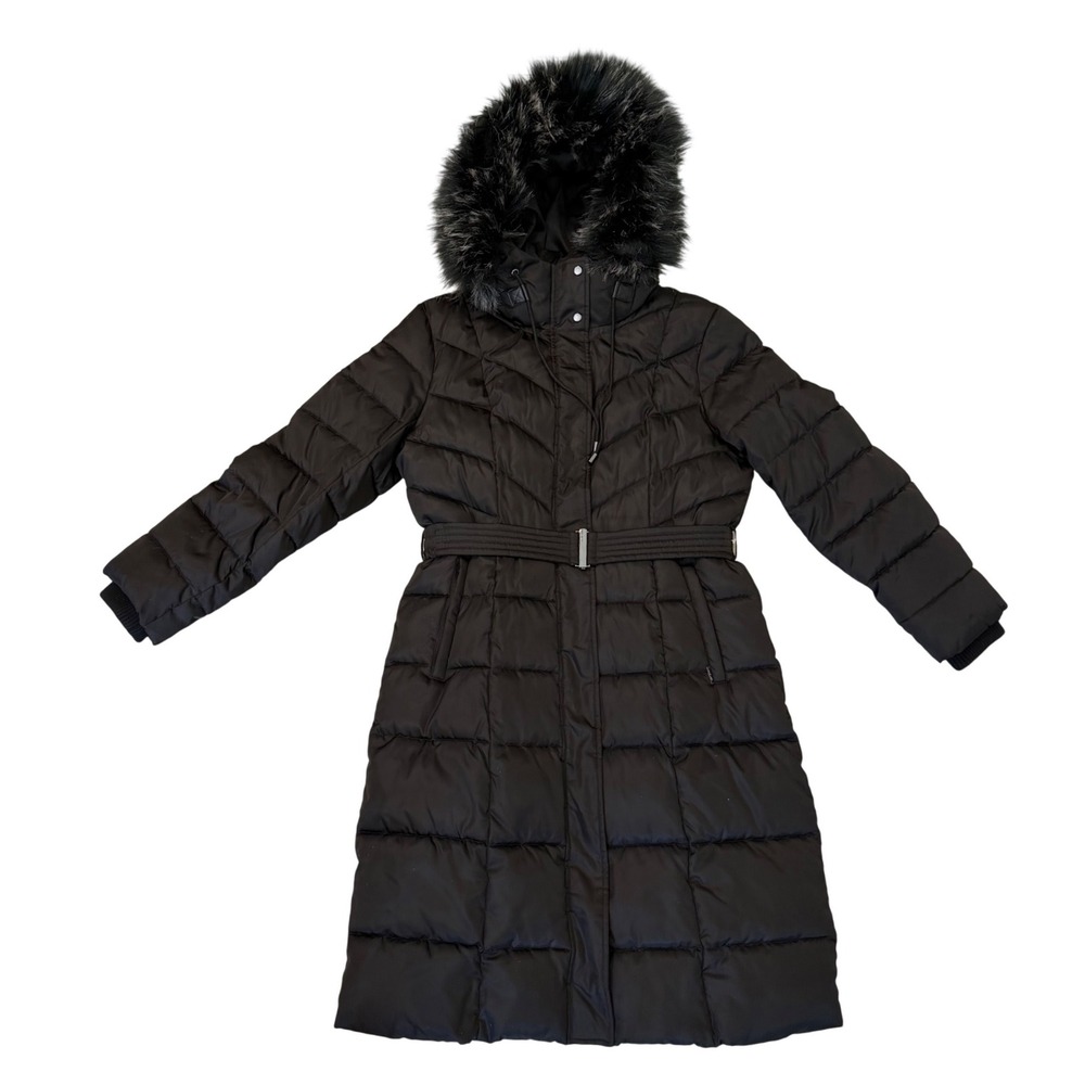 NWOT Nine West Black Long Puffer Coat Belted Faux Fur Hood Maxi Parka Jacket L